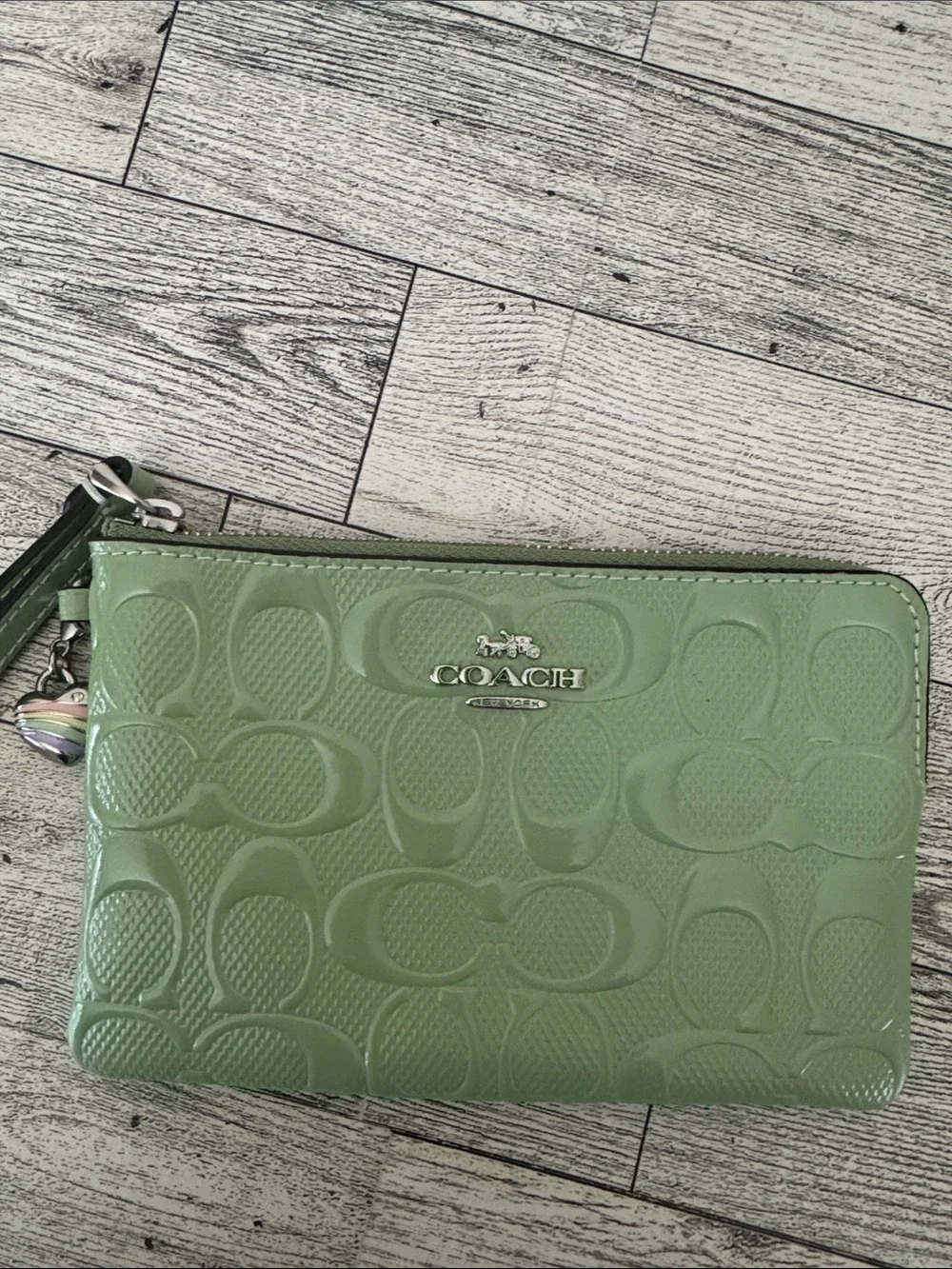 Coach Pale Green Patent Signature Zip Wristlet NWT
